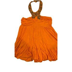 Free People Orange Halter Top Beaded U-Neck Ruffle Hem Boho Size M Like New